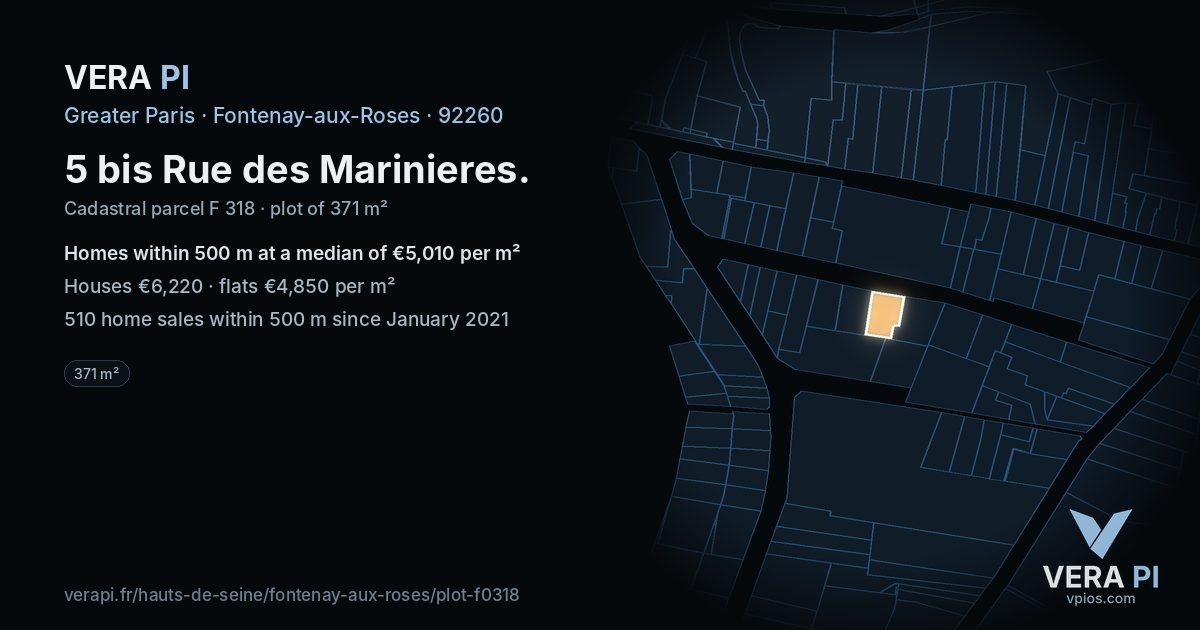 5 bis Rue des Marinieres, Fontenay-aux-Roses at night – the plot lit, the parcels around coloured by the prices near them