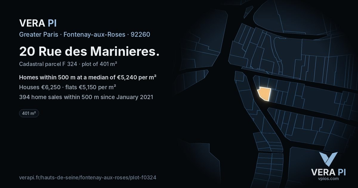 20 Rue des Marinieres, Fontenay-aux-Roses at night – the plot lit, the parcels around coloured by the prices near them