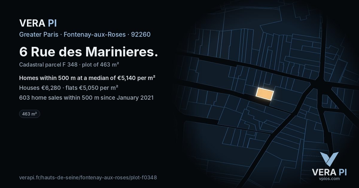 6 Rue des Marinieres, Fontenay-aux-Roses at night – the plot lit, the parcels around coloured by the prices near them
