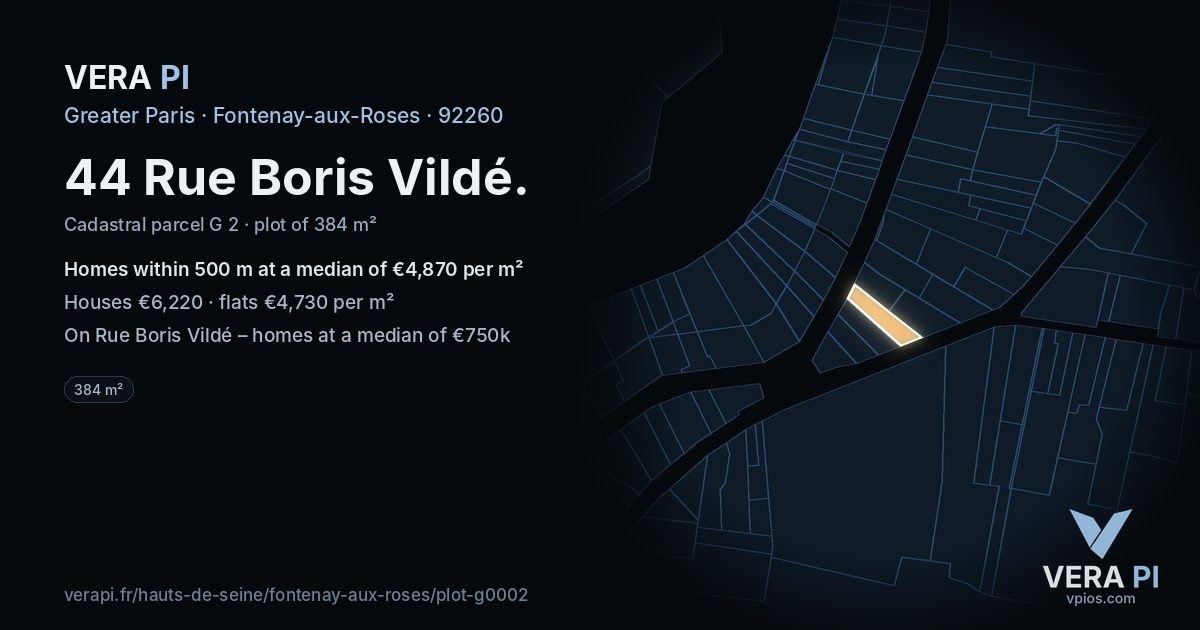 44 Rue Boris Vildé, Fontenay-aux-Roses at night – the plot lit, the parcels around coloured by the prices near them