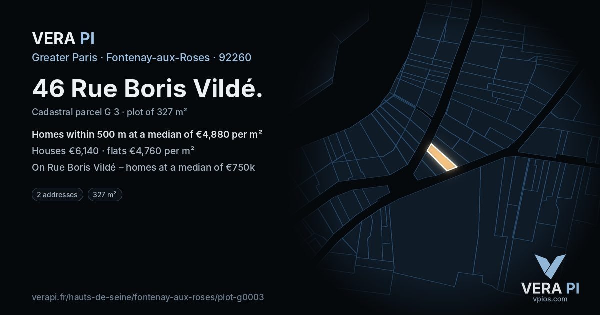 46 Rue Boris Vildé, Fontenay-aux-Roses at night – the plot lit, the parcels around coloured by the prices near them