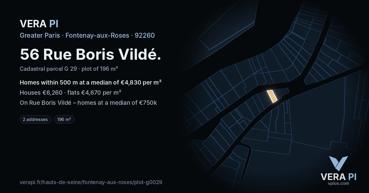 56 Rue Boris Vildé, Fontenay-aux-Roses at night – the plot lit, the parcels around coloured by the prices near them