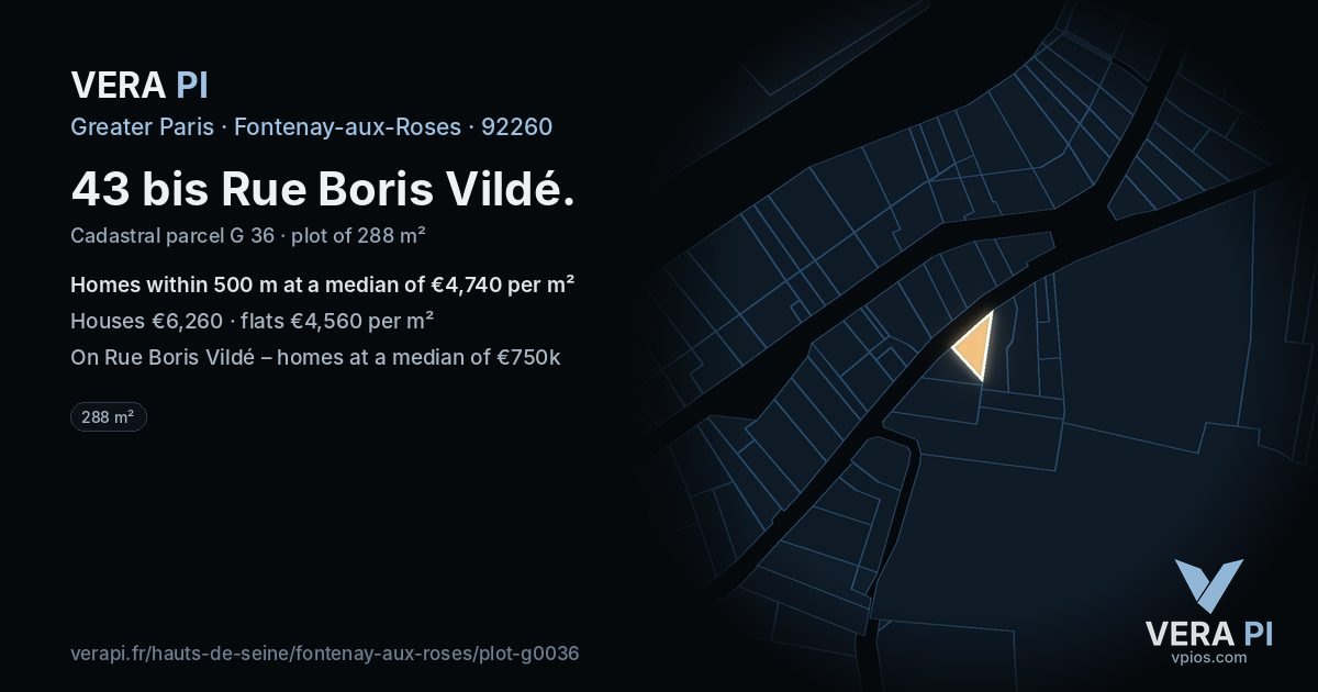 43 bis Rue Boris Vildé, Fontenay-aux-Roses at night – the plot lit, the parcels around coloured by the prices near them