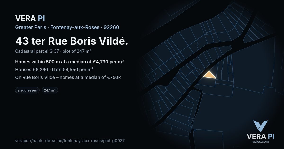 43 ter Rue Boris Vildé, Fontenay-aux-Roses at night – the plot lit, the parcels around coloured by the prices near them