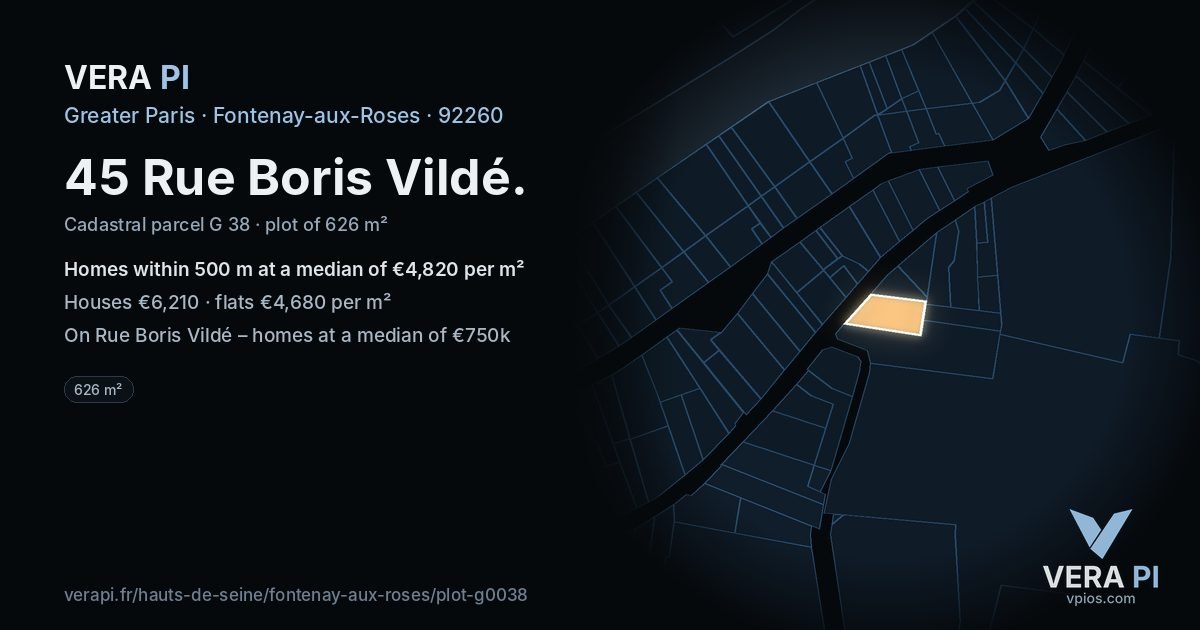 45 Rue Boris Vildé, Fontenay-aux-Roses at night – the plot lit, the parcels around coloured by the prices near them