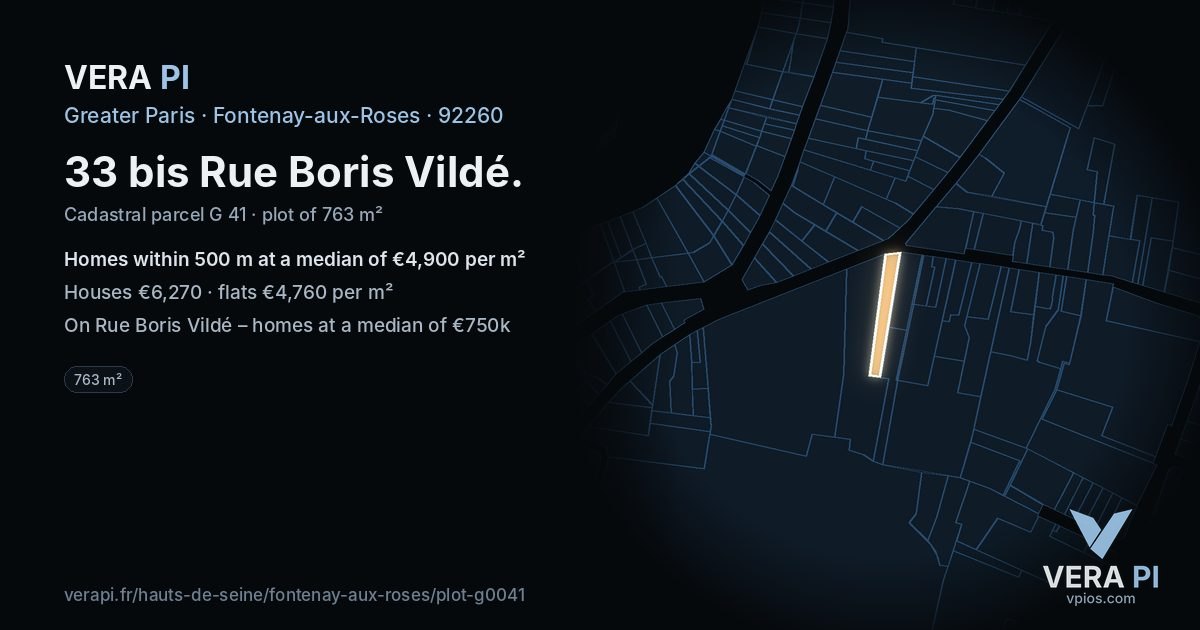 33 bis Rue Boris Vildé, Fontenay-aux-Roses at night – the plot lit, the parcels around coloured by the prices near them