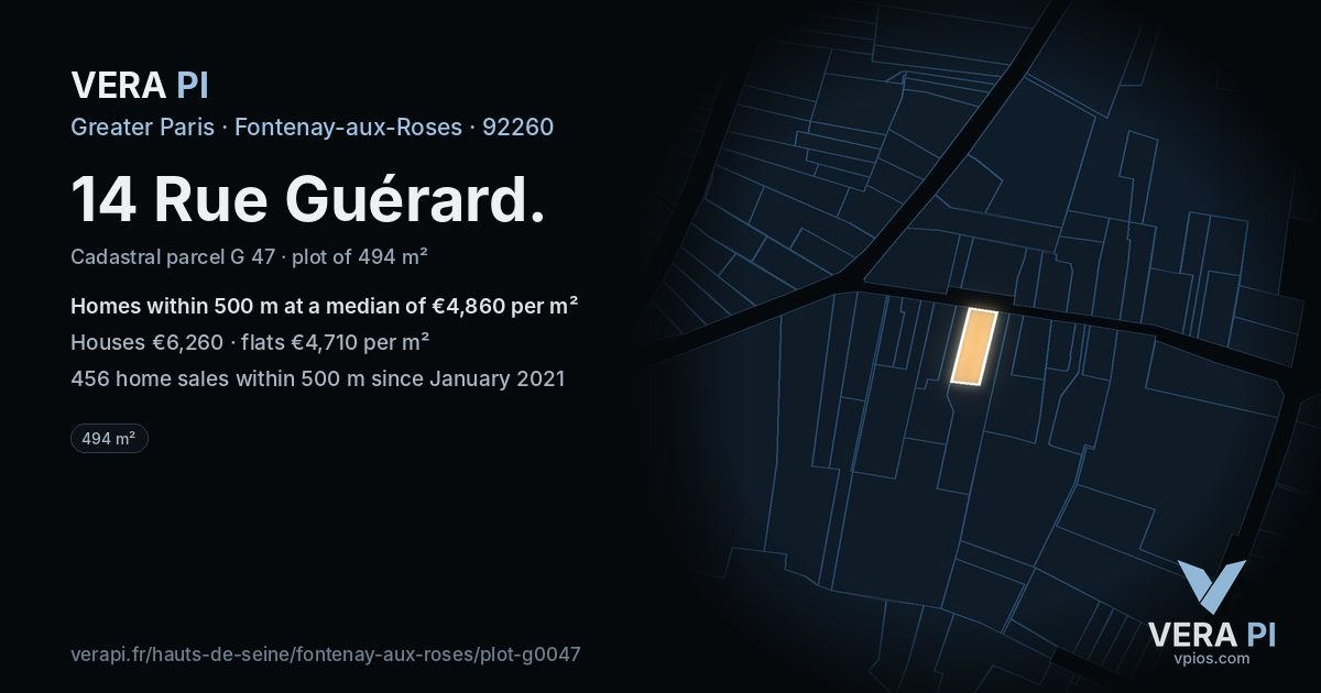 14 Rue Guérard, Fontenay-aux-Roses at night – the plot lit, the parcels around coloured by the prices near them