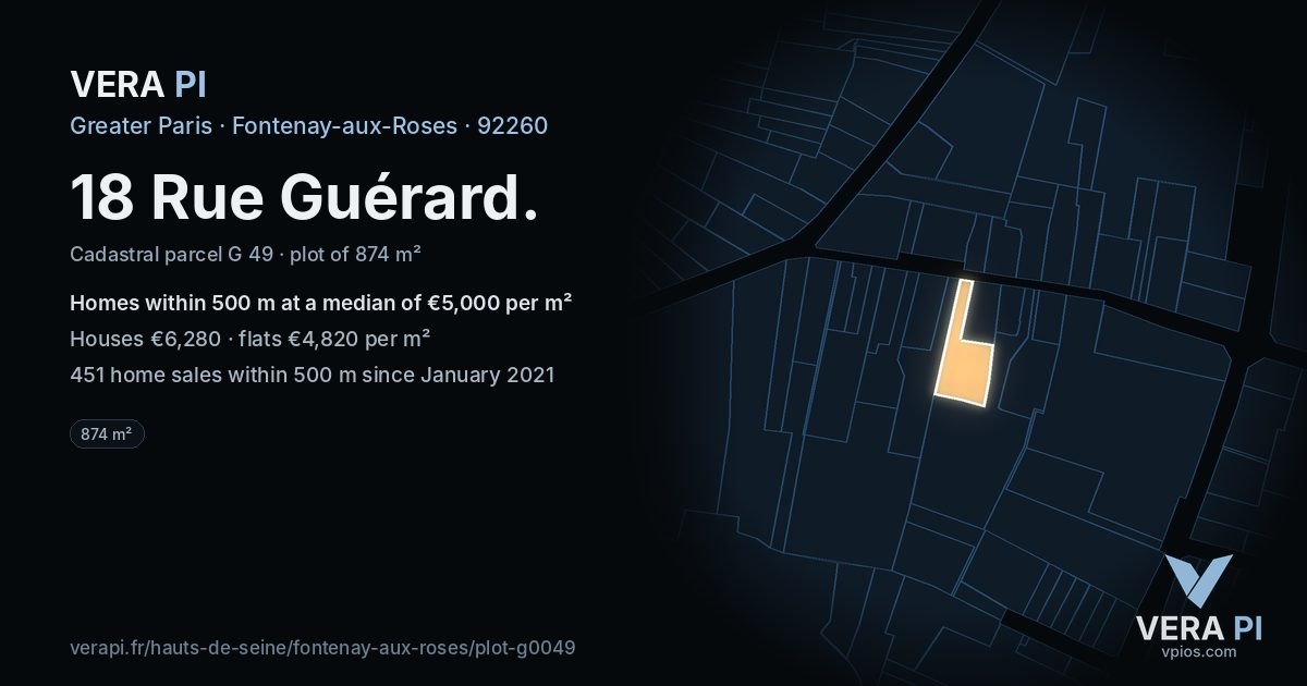 18 Rue Guérard, Fontenay-aux-Roses at night – the plot lit, the parcels around coloured by the prices near them