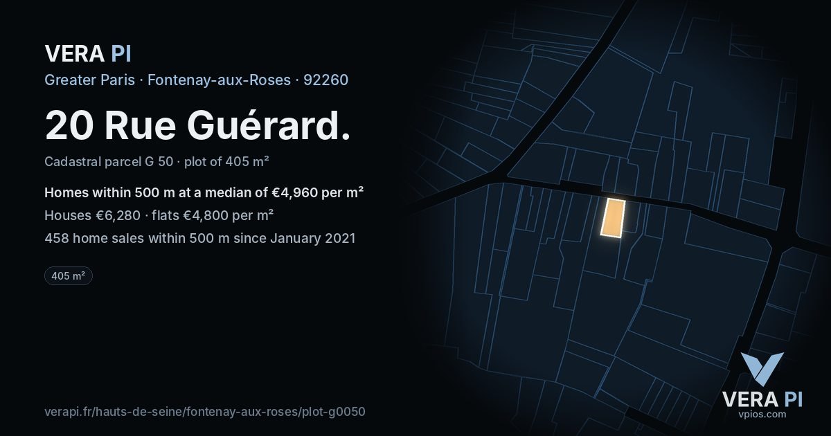 20 Rue Guérard, Fontenay-aux-Roses at night – the plot lit, the parcels around coloured by the prices near them