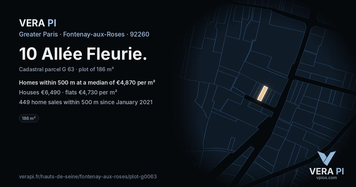 10 Allée Fleurie, Fontenay-aux-Roses at night – the plot lit, the parcels around coloured by the prices near them