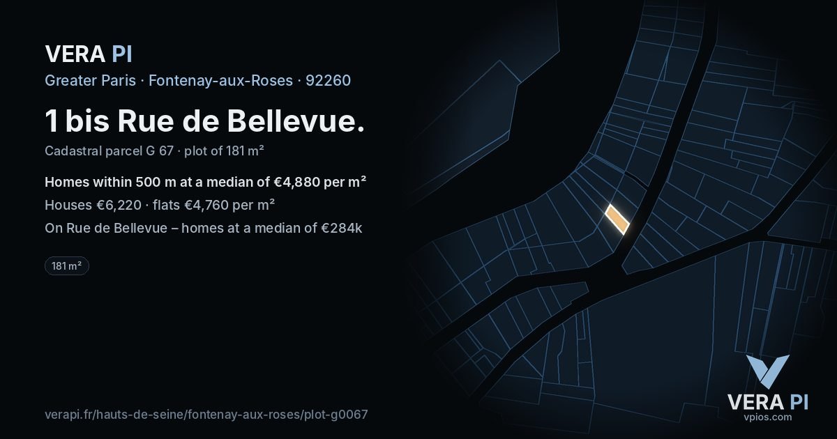 1 bis Rue de Bellevue, Fontenay-aux-Roses at night – the plot lit, the parcels around coloured by the prices near them