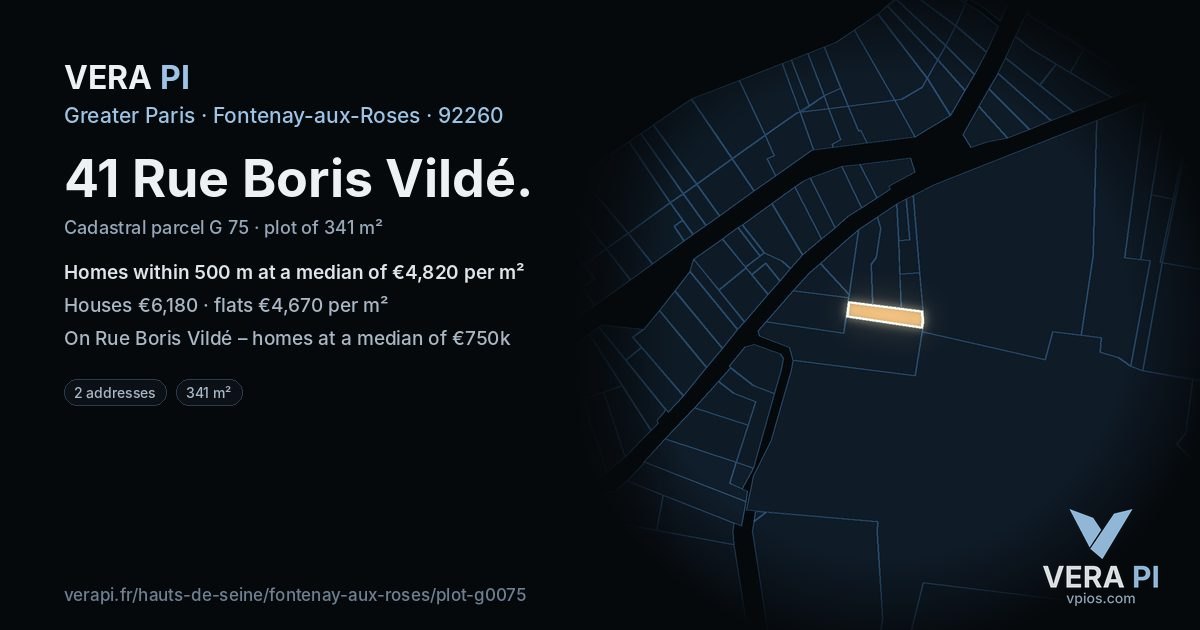 41 Rue Boris Vildé, Fontenay-aux-Roses at night – the plot lit, the parcels around coloured by the prices near them