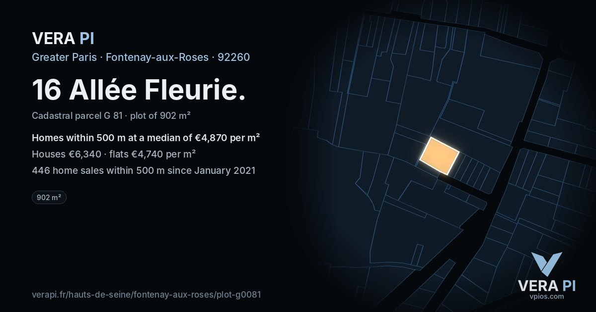 16 Allée Fleurie, Fontenay-aux-Roses at night – the plot lit, the parcels around coloured by the prices near them