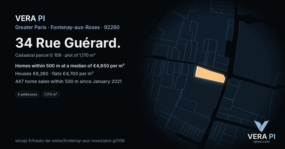 34 Rue Guérard, Fontenay-aux-Roses at night – the plot lit, the parcels around coloured by the prices near them