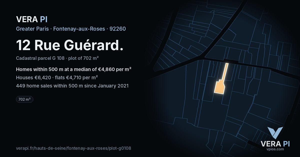 12 Rue Guérard, Fontenay-aux-Roses at night – the plot lit, the parcels around coloured by the prices near them