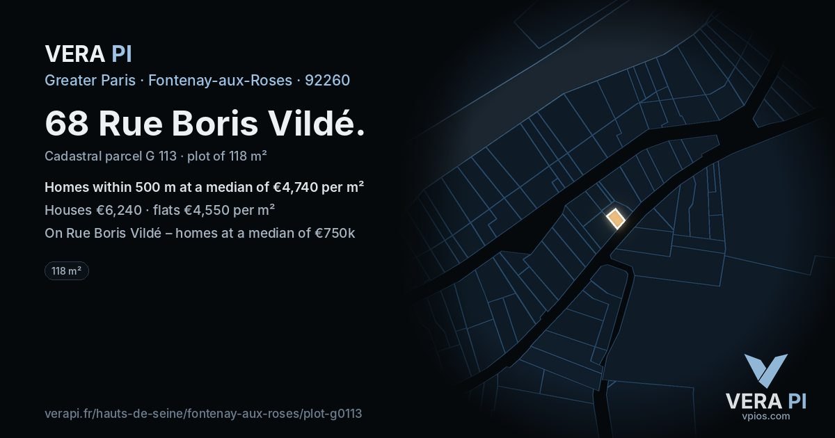 68 Rue Boris Vildé, Fontenay-aux-Roses at night – the plot lit, the parcels around coloured by the prices near them