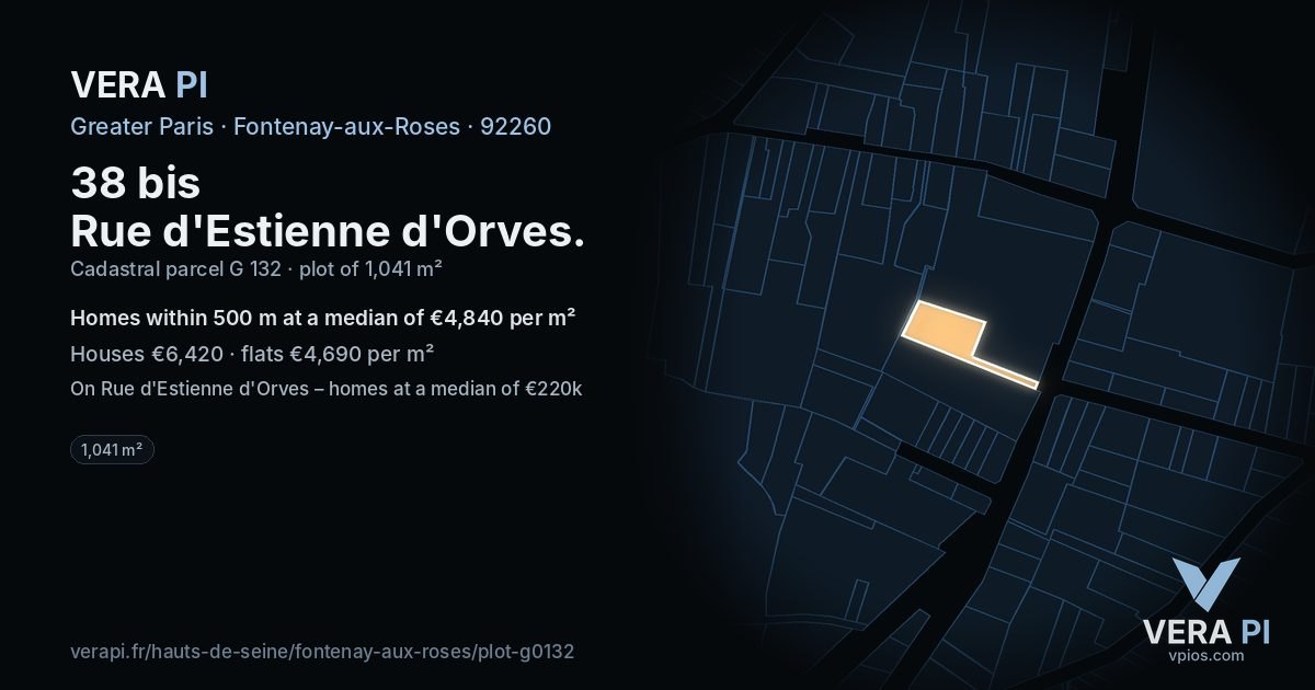38 bis Rue d'Estienne d'Orves, Fontenay-aux-Roses at night – the plot lit, the parcels around coloured by the prices near them