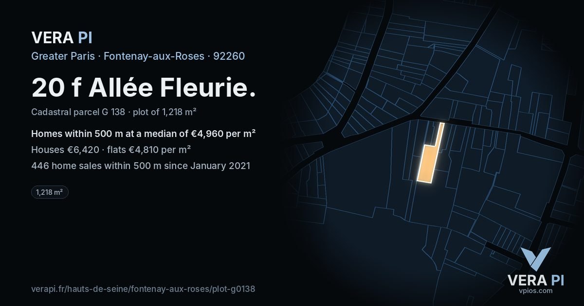 20 f Allée Fleurie, Fontenay-aux-Roses at night – the plot lit, the parcels around coloured by the prices near them
