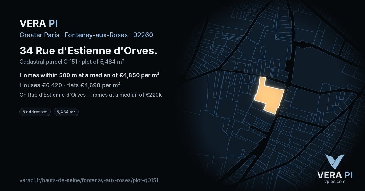 34 Rue d'Estienne d'Orves, Fontenay-aux-Roses at night – the plot lit, the parcels around coloured by the prices near them