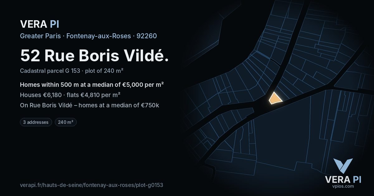 52 Rue Boris Vildé, Fontenay-aux-Roses at night – the plot lit, the parcels around coloured by the prices near them
