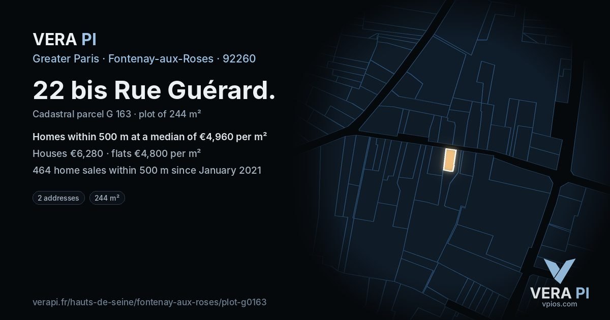 22 bis Rue Guérard, Fontenay-aux-Roses at night – the plot lit, the parcels around coloured by the prices near them