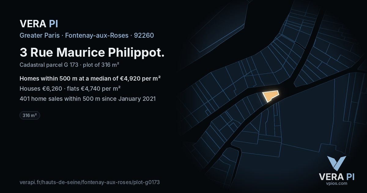 3 Rue Maurice Philippot, Fontenay-aux-Roses at night – the plot lit, the parcels around coloured by the prices near them