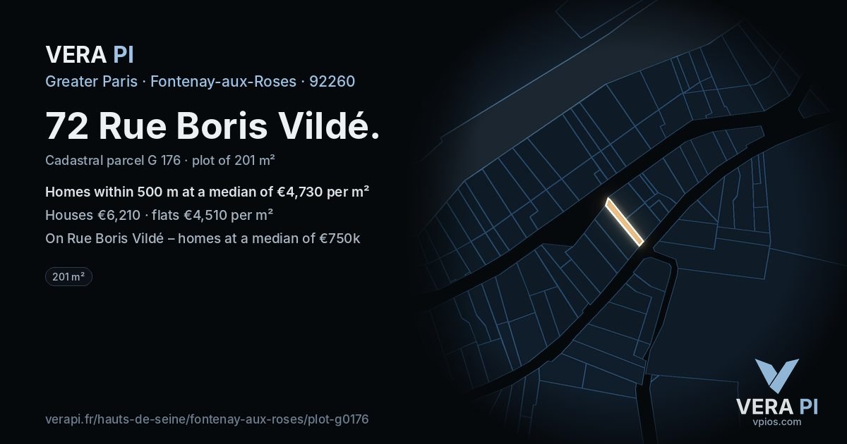 72 Rue Boris Vildé, Fontenay-aux-Roses at night – the plot lit, the parcels around coloured by the prices near them