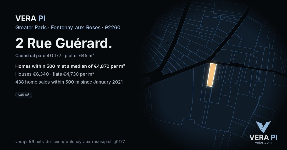 2 Rue Guérard, Fontenay-aux-Roses at night – the plot lit, the parcels around coloured by the prices near them
