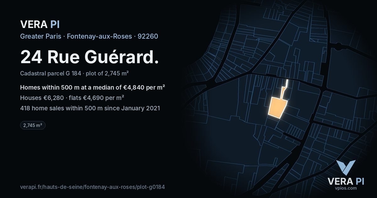 24 Rue Guérard, Fontenay-aux-Roses at night – the plot lit, the parcels around coloured by the prices near them