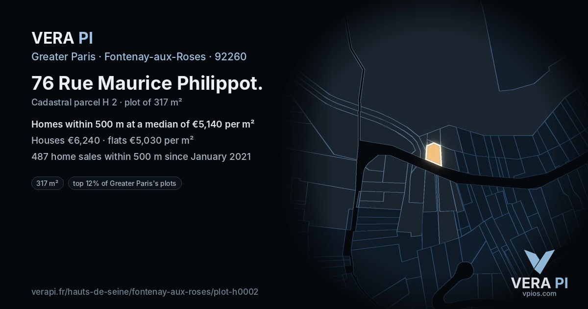 76 Rue Maurice Philippot, Fontenay-aux-Roses at night – the plot lit, the parcels around coloured by the prices near them