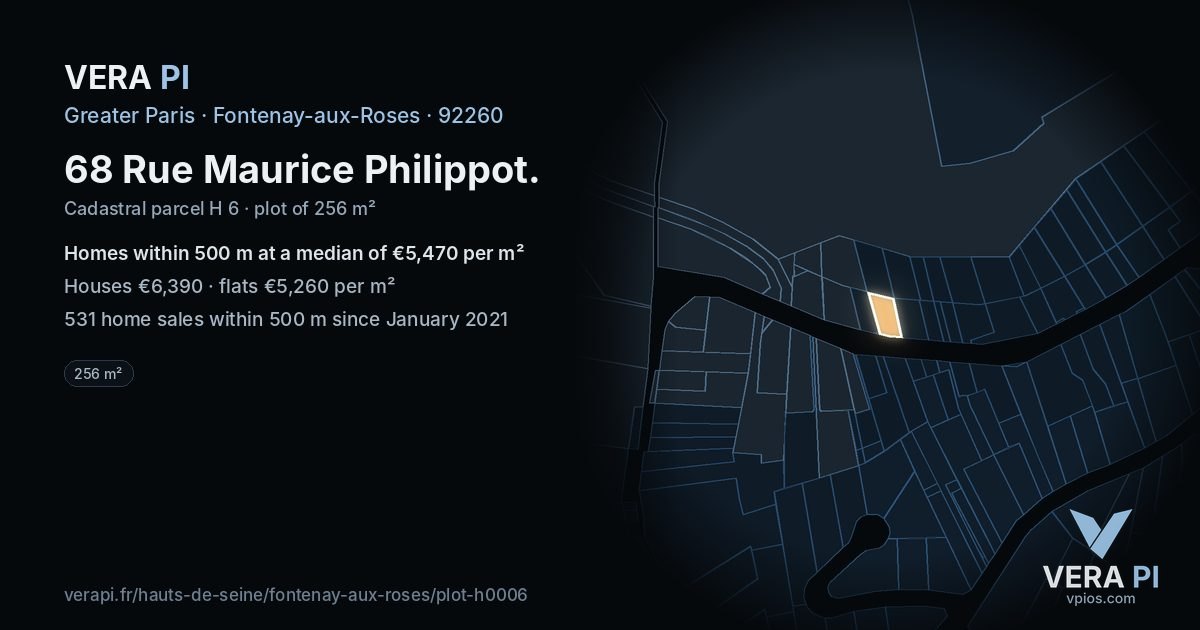 68 Rue Maurice Philippot, Fontenay-aux-Roses at night – the plot lit, the parcels around coloured by the prices near them
