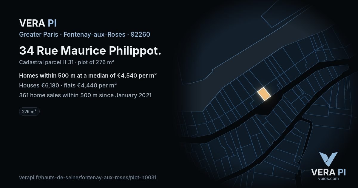 34 Rue Maurice Philippot, Fontenay-aux-Roses at night – the plot lit, the parcels around coloured by the prices near them