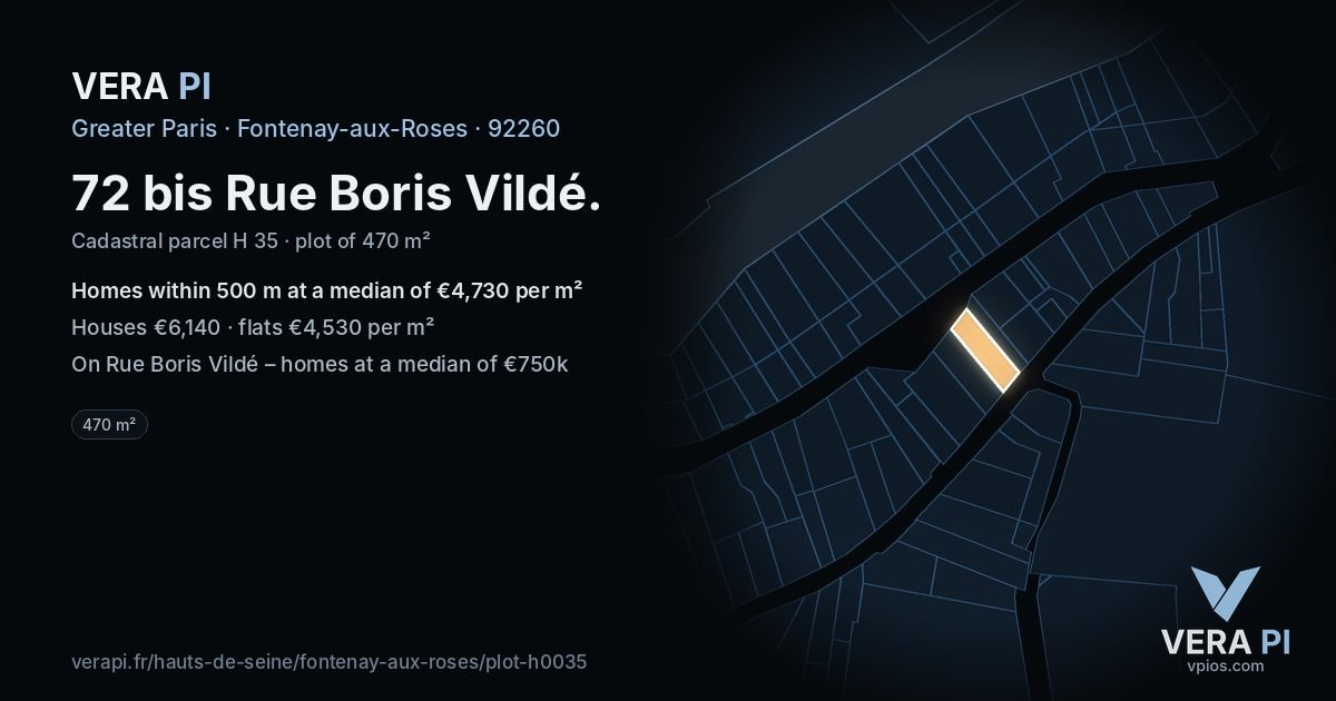 72 bis Rue Boris Vildé, Fontenay-aux-Roses at night – the plot lit, the parcels around coloured by the prices near them