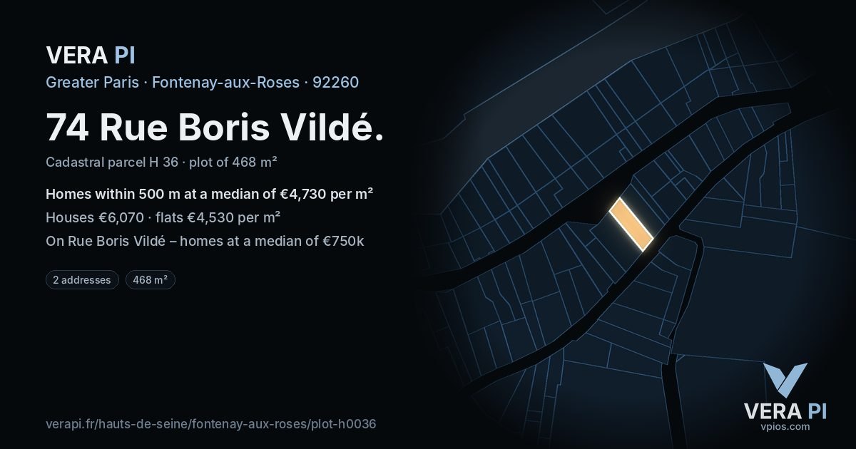 74 Rue Boris Vildé, Fontenay-aux-Roses at night – the plot lit, the parcels around coloured by the prices near them