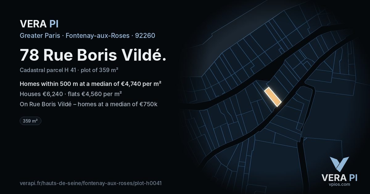 78 Rue Boris Vildé, Fontenay-aux-Roses at night – the plot lit, the parcels around coloured by the prices near them