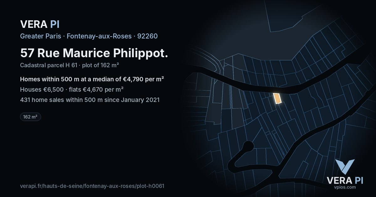 57 Rue Maurice Philippot, Fontenay-aux-Roses at night – the plot lit, the parcels around coloured by the prices near them