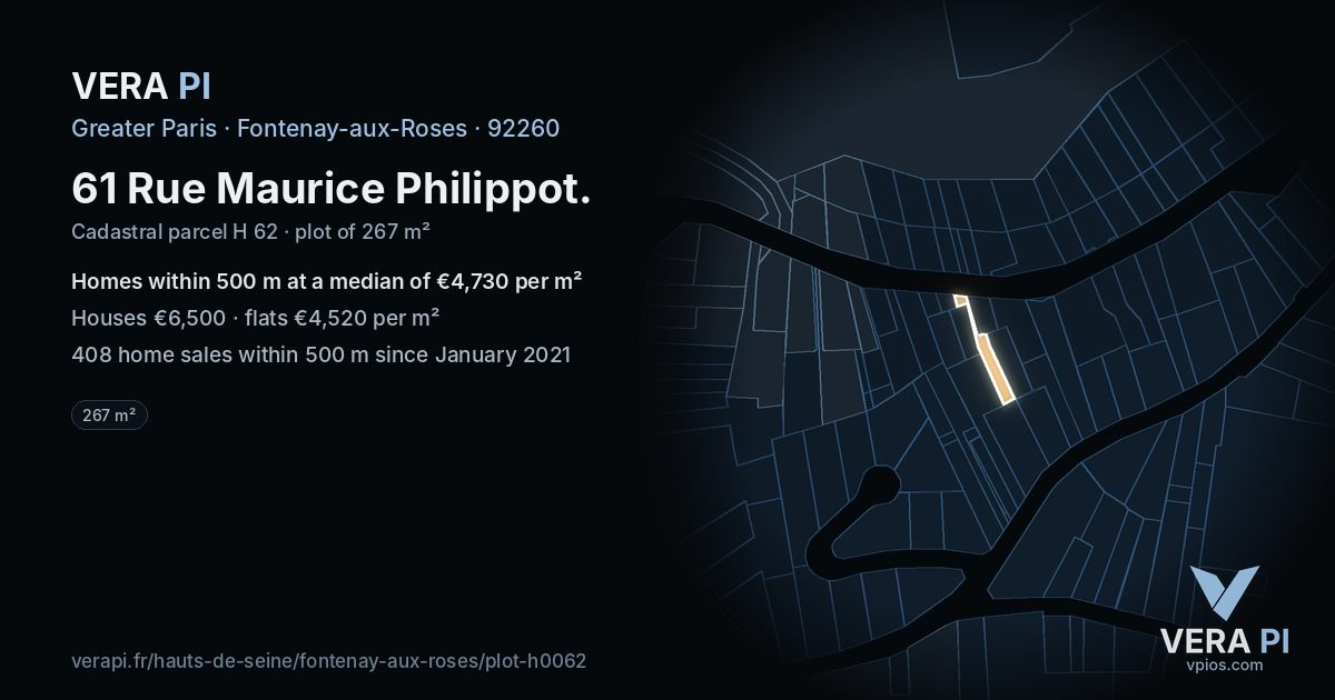 61 Rue Maurice Philippot, Fontenay-aux-Roses at night – the plot lit, the parcels around coloured by the prices near them