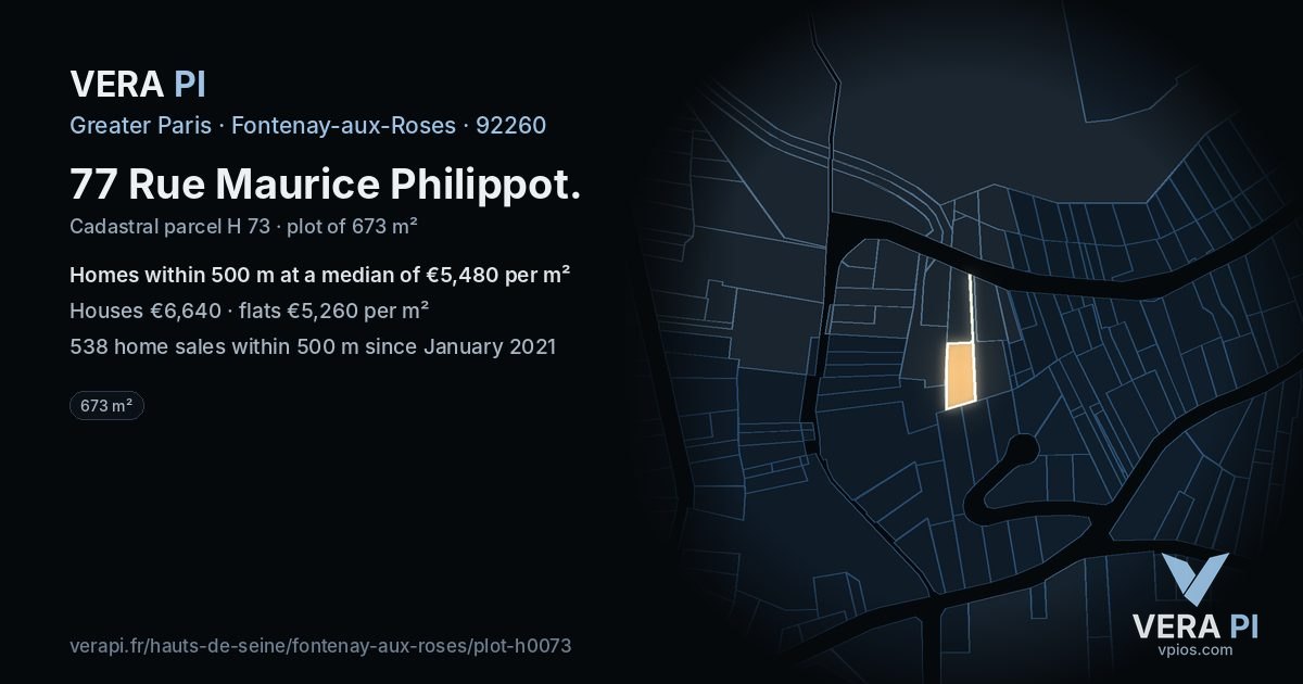 77 Rue Maurice Philippot, Fontenay-aux-Roses at night – the plot lit, the parcels around coloured by the prices near them