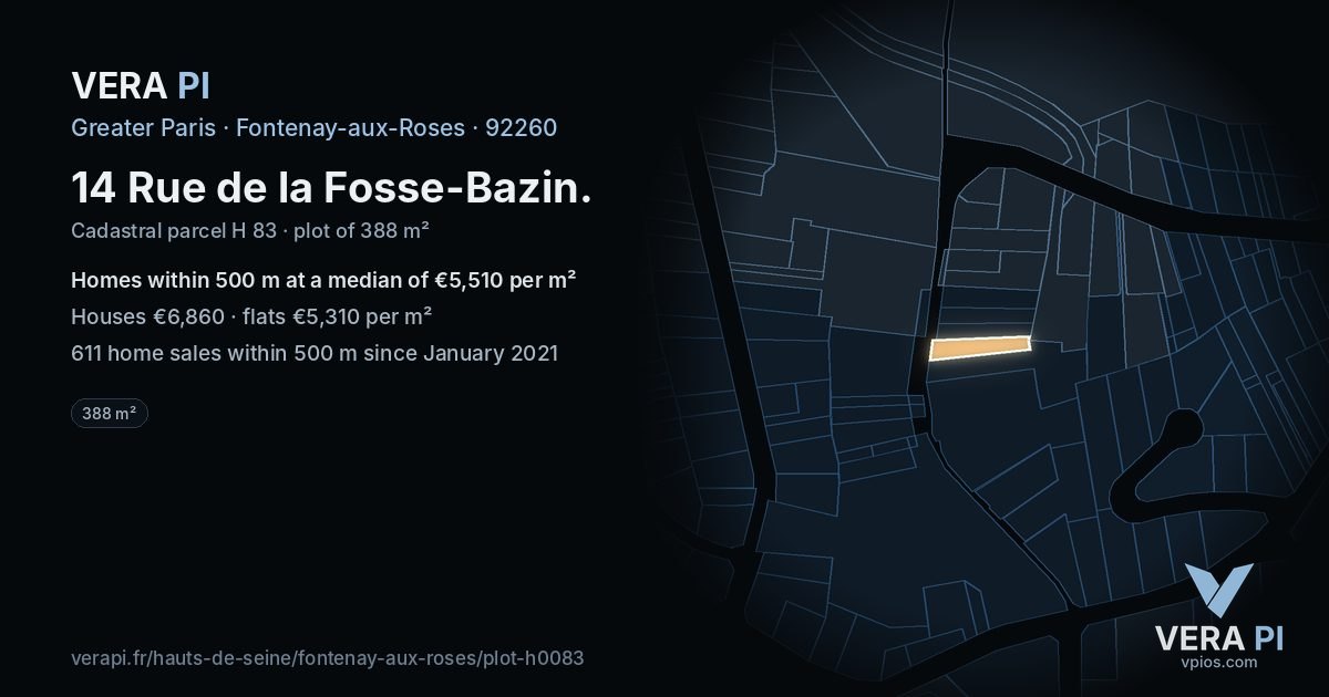 14 Rue de la Fosse-Bazin, Fontenay-aux-Roses at night – the plot lit, the parcels around coloured by the prices near them