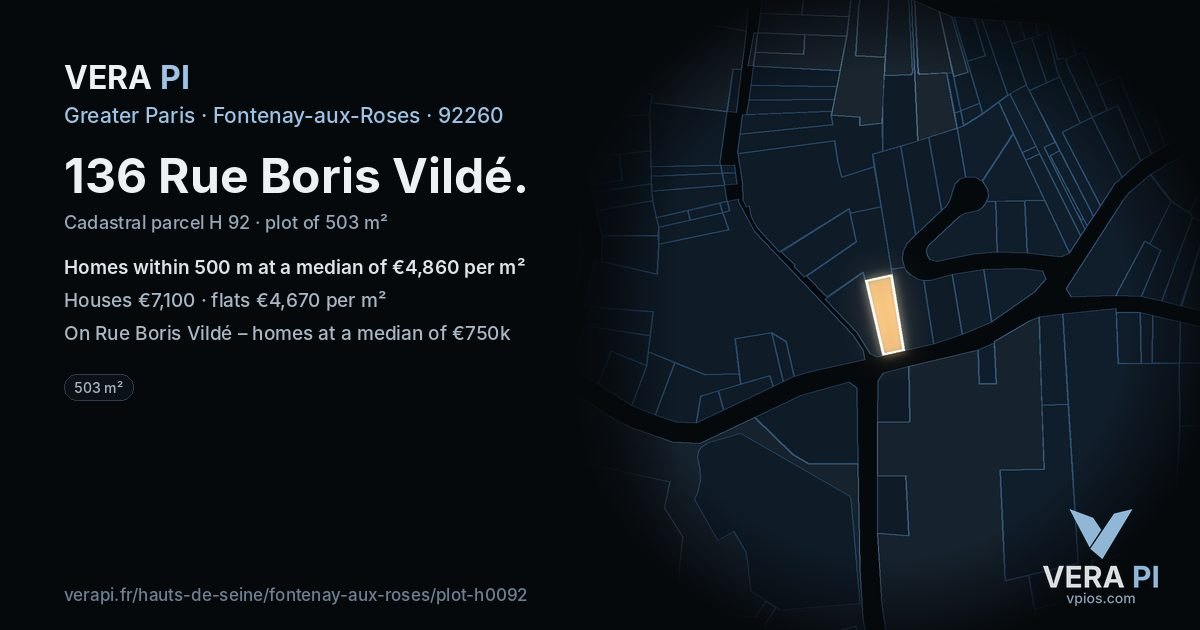 136 Rue Boris Vildé, Fontenay-aux-Roses at night – the plot lit, the parcels around coloured by the prices near them