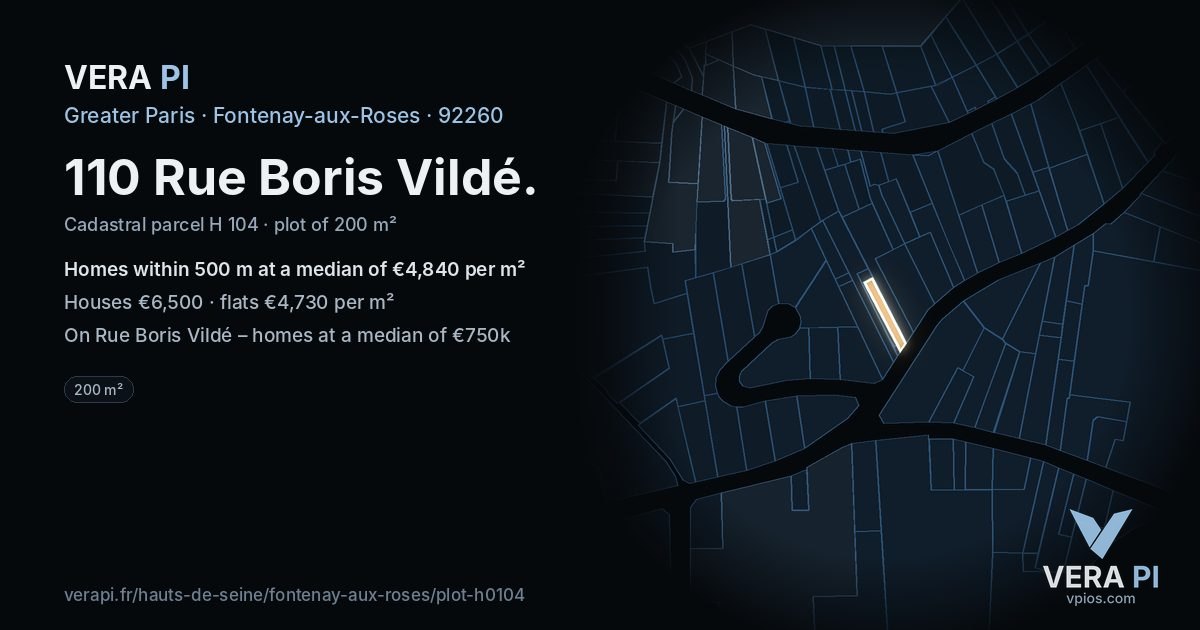 110 Rue Boris Vildé, Fontenay-aux-Roses at night – the plot lit, the parcels around coloured by the prices near them