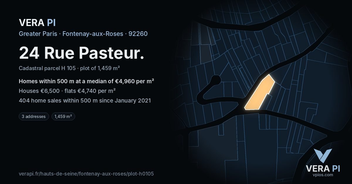 24 Rue Pasteur, Fontenay-aux-Roses at night – the plot lit, the parcels around coloured by the prices near them