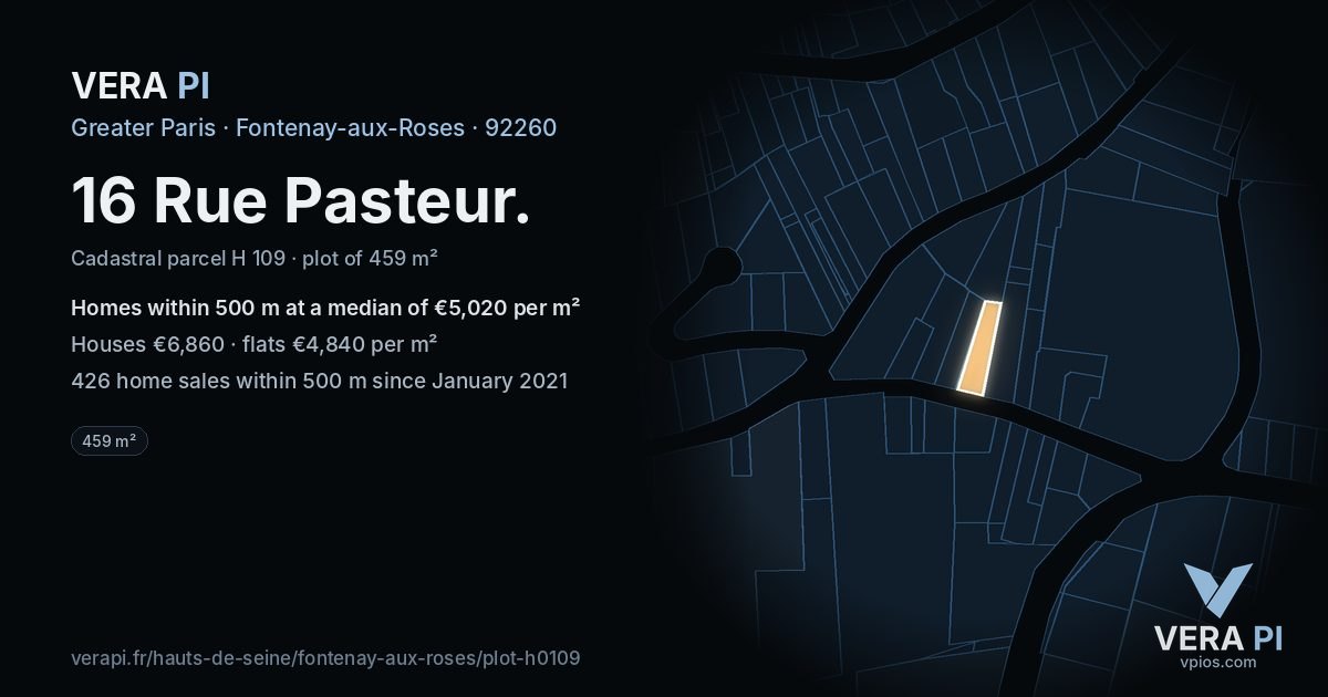16 Rue Pasteur, Fontenay-aux-Roses at night – the plot lit, the parcels around coloured by the prices near them