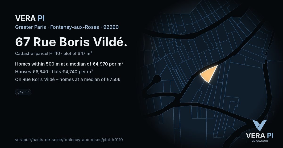 67 Rue Boris Vildé, Fontenay-aux-Roses at night – the plot lit, the parcels around coloured by the prices near them
