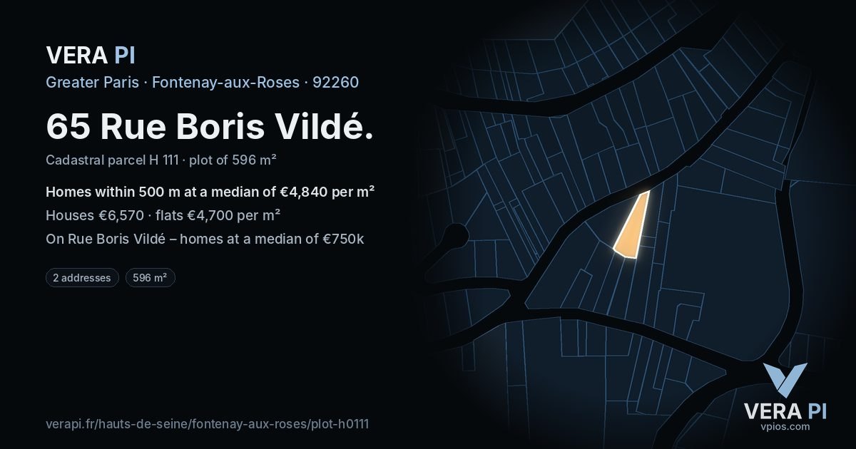 65 Rue Boris Vildé, Fontenay-aux-Roses at night – the plot lit, the parcels around coloured by the prices near them