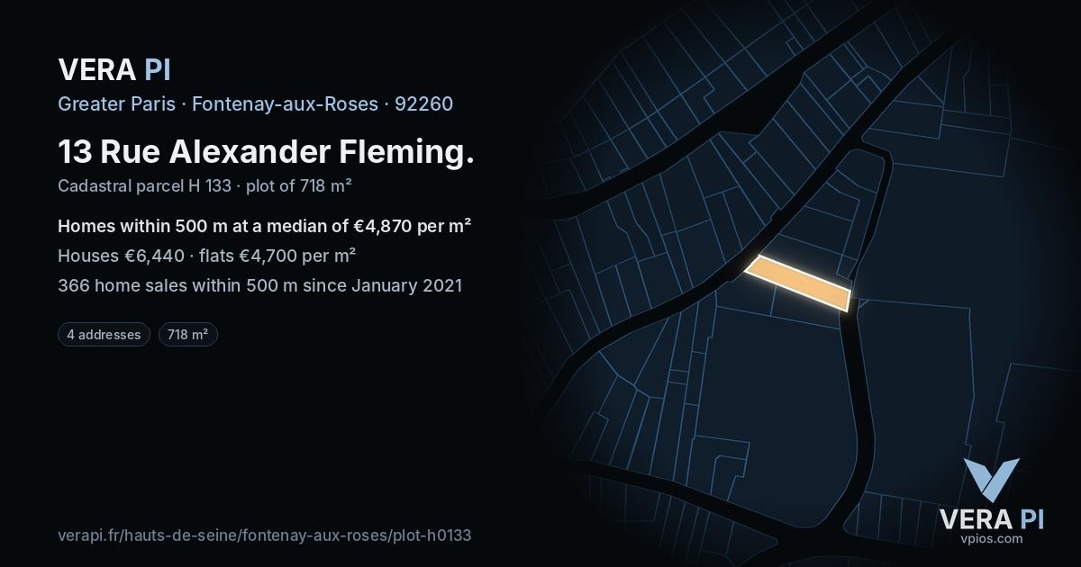 13 Rue Alexander Fleming, Fontenay-aux-Roses at night – the plot lit, the parcels around coloured by the prices near them