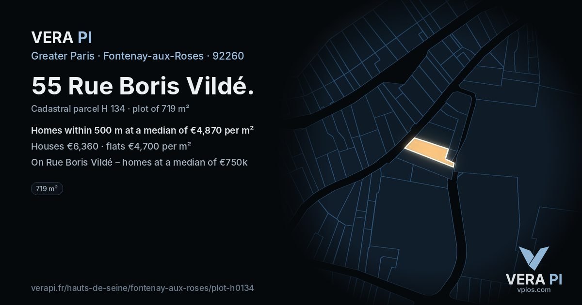 55 Rue Boris Vildé, Fontenay-aux-Roses at night – the plot lit, the parcels around coloured by the prices near them