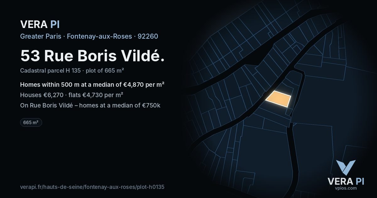 53 Rue Boris Vildé, Fontenay-aux-Roses at night – the plot lit, the parcels around coloured by the prices near them