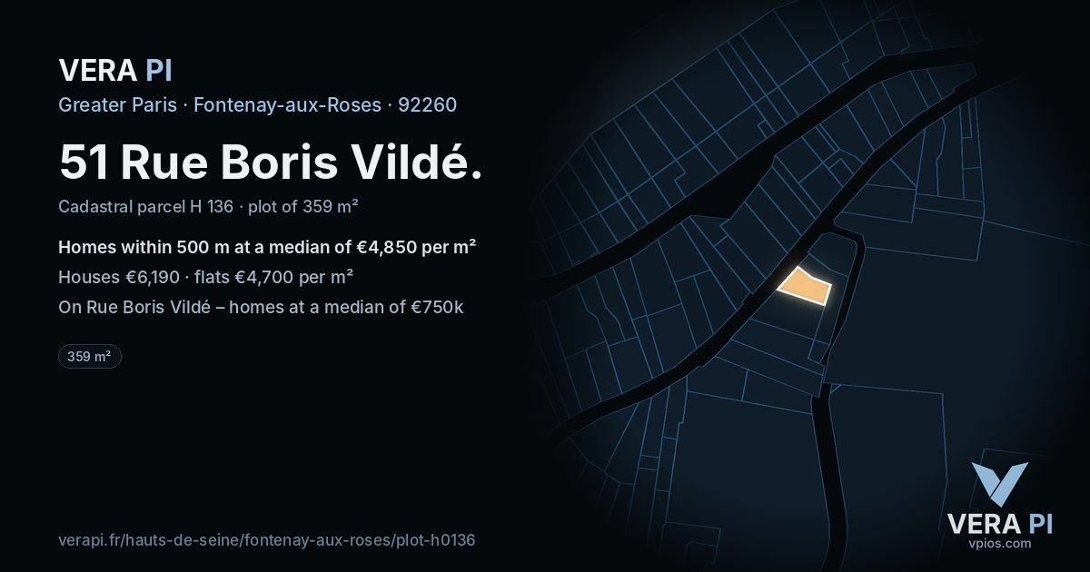 51 Rue Boris Vildé, Fontenay-aux-Roses at night – the plot lit, the parcels around coloured by the prices near them