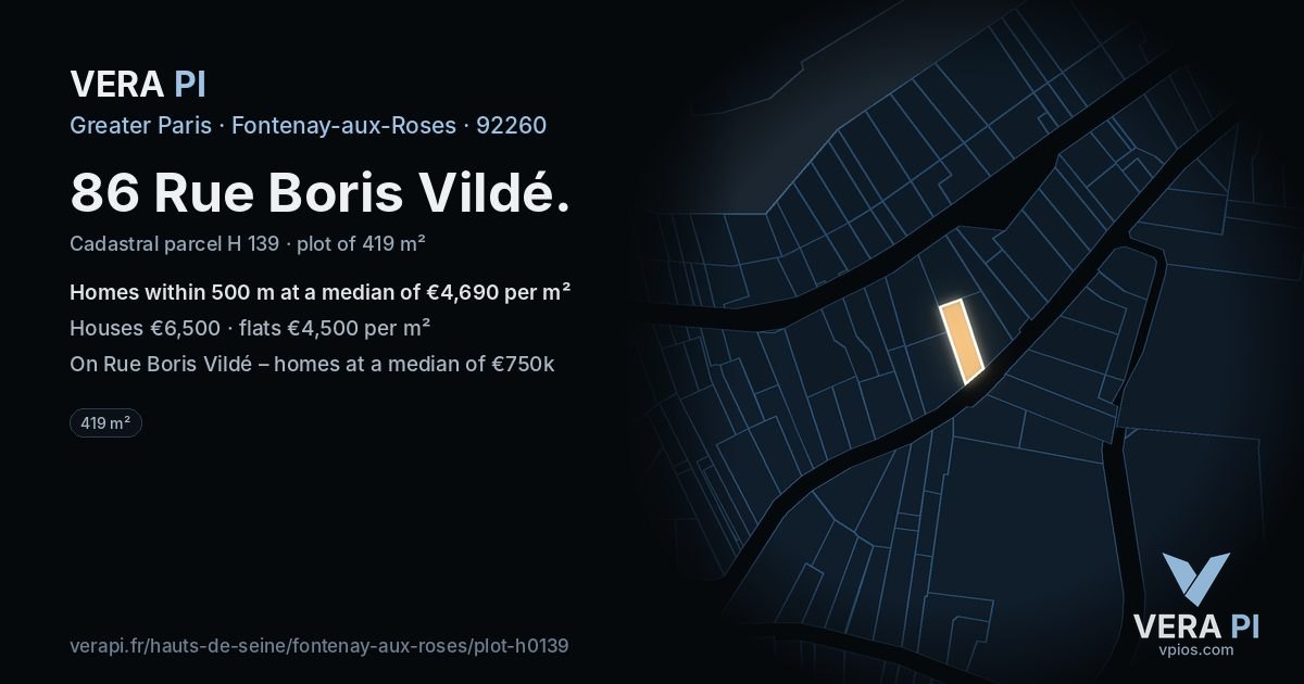 86 Rue Boris Vildé, Fontenay-aux-Roses at night – the plot lit, the parcels around coloured by the prices near them